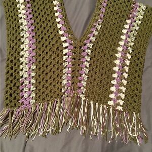Handmade Olive Green and Purple Crochet Vest with fringe